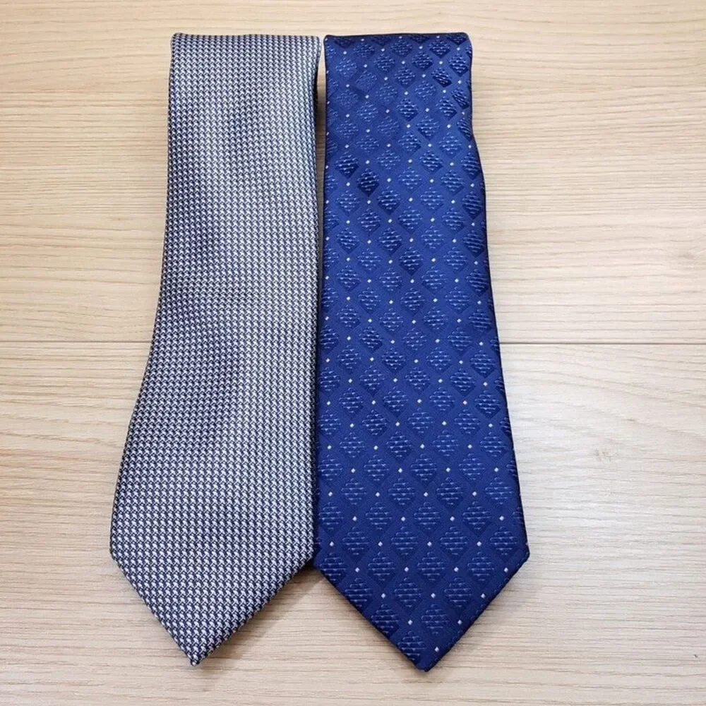 PERRY ELLIS Mens Neck Tie Grey Navy Houndstooth Diamond Geo Lot of 2 Necktie